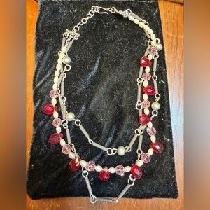 Statement Multi-Strand Pearl & Red Crystal Coil Necklace
